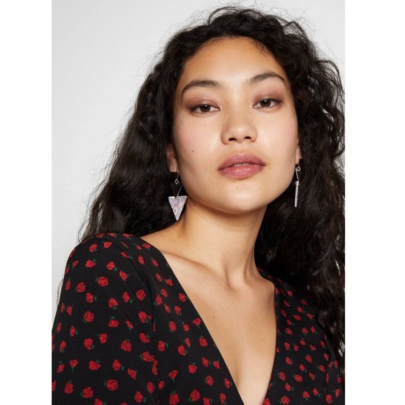 Topshop Black Floral Rose Print Button Down V Neck Midi Dress - Picture 4 of 9